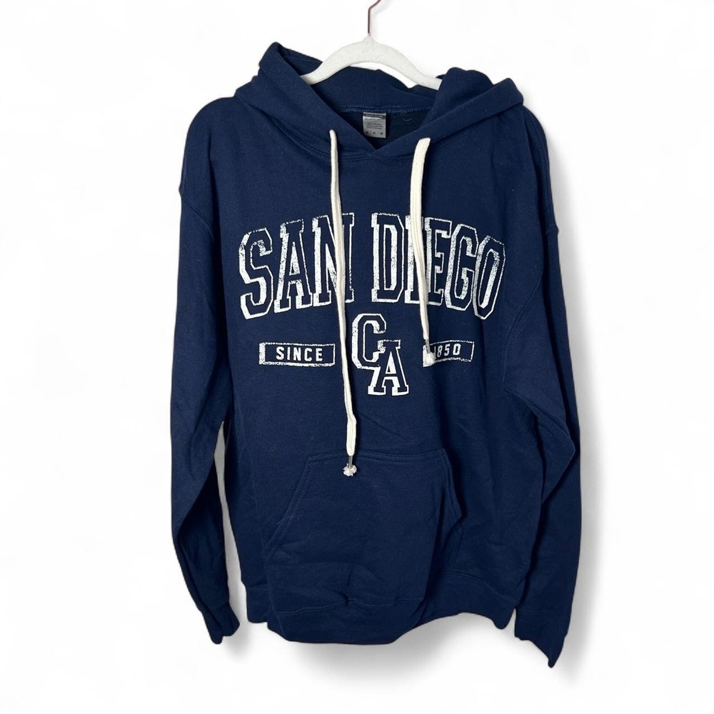Gildan San Diego CA hoodie with white text reading 'SAN DIEGO' with 'SINCE CA